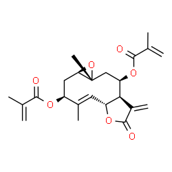 ChemSpider 2D Image | (1aR,3S,4E,5aR,8aR,9R,10aR)-4,10a-Dimethyl-8-methylene-7-oxo-1a,2,3,5a,7,8,8a,9,10,10a-decahydrooxireno[5,6]cyclodeca[1,2-b]furan-3,9-diyl bis(2-methylacrylate) | C23H28O7