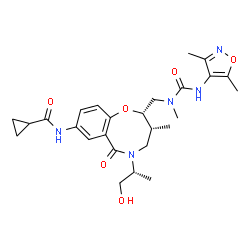 ChemSpider 2D Image | N-[(2S,3R)-2-[[[[(3,5-dimethyl-4-isoxazolyl)amino]-oxomethyl]-methylamino]methyl]-5-[(2R)-1-hydroxypropan-2-yl]-3-methyl-6-oxo-3,4-dihydro-2H-1,5-benzoxazocin-8-yl]cyclopropanecarboxamide | C26H35N5O6