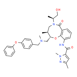 ChemSpider 2D Image | N-[(2S,3S)-5-[(2S)-1-hydroxypropan-2-yl]-3-methyl-2-[[methyl-[(4-phenoxyphenyl)methyl]amino]methyl]-6-oxo-3,4-dihydro-2H-1,5-benzoxazocin-10-yl]-2,5-dimethyl-3-pyrazolecarboxamide | C35H41N5O5