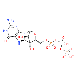 ChemSpider 2D Image | Triphosphoric acid, mono[[(5aS,6R,7R,9R,11R)-2-amino-3,4,5,5a,6,7-hexahydro-6,11-dihydroxy-4-oxo-6,9-methano-9H-[1,3]oxazino[3,4-e]purin-7-yl]methyl] ester, ion(4-) | C10H12N5O14P3