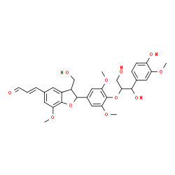 ChemSpider 2D Image | (2E)-3-[2-(4-{[1,3-Dihydroxy-1-(4-hydroxy-3-methoxyphenyl)-2-propanyl]oxy}-3,5-dimethoxyphenyl)-3-(hydroxymethyl)-7-methoxy-2,3-dihydro-1-benzofuran-5-yl]acrylaldehyde | C31H34O11