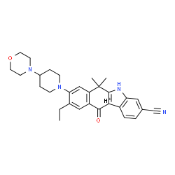 ChemSpider 2D Image | 5H-Benzo[b]carbazole-3-carbonitrile, 9-ethyl-6,11-dihydro-6,6-dimethyl-8-[4-(4-morpholinyl)-1-piperidinyl]-11-oxo-, hydrogen salt | C30H35N4O2