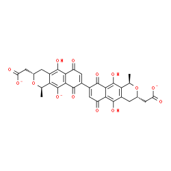ChemSpider 2D Image | 2,2'-[(1R,1'R,3S,3'S)-5,5',10-Trihydroxy-1,1'-dimethyl-10'-oxido-6,6',9,9'-tetraoxo-3,3',4,4',6,6',9,9'-octahydro-1H,1'H-8,8'-bibenzo[g]isochromene-3,3'-diyl]diacetate | C32H23O14
