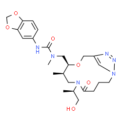 ChemSpider 2D Image | 3-(1,3-benzodioxol-5-yl)-1-[[(8R,9S)-6-[(2R)-1-hydroxypropan-2-yl]-8-methyl-5-oxo-10-oxa-1,6,13,14-tetrazabicyclo[10.2.1]pentadeca-12(15),13-dien-9-yl]methyl]-1-methylurea | C24H34N6O6