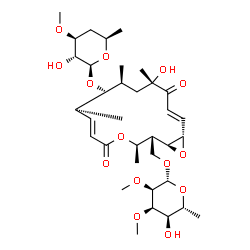 ChemSpider 2D Image | {(1S,2R,3R,6E,8S,10S,12S,14E,16S)-9-[(4,6-Dideoxy-3-O-methyl-beta-D-xylo-hexopyranosyl)oxy]-12-hydroxy-3,8,10,12-tetramethyl-5,13-dioxo-4,17-dioxabicyclo[14.1.0]heptadeca-6,14-dien-2-yl}methyl 6-deoxy
-2,3-di-O-methyl-beta-D-allopyranoside | C35H56O14