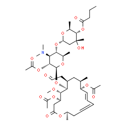 ChemSpider 2D Image | (2S,3S,4R,6S)-6-{[(2R,3S,4S,5R,6S)-5-Acetoxy-6-{[(4R,5S,6S,7R,9R,10R,11E,16R)-4,10-diacetoxy-5-methoxy-9,16-dimethyl-2-oxo-7-(2-oxoethyl)oxacyclohexadeca-11,13-dien-6-yl]oxy}-4-(dimethylamino)-2-methy
ltetrahydro-2H-pyran-3-yl]oxy}-4-hydroxy-2,4-dimethyltetrahydro-2H-pyran-3-yl butanoate (non-preferred name) | C45H71NO17