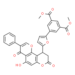 ChemSpider 2D Image | Dimethyl 5-[5-(5-hydroxy-4,8-dioxo-3-phenyl-9,10-dihydro-4H,8H-pyrano[2,3-f]chromen-10-yl)-2-furyl]isophthalate | C32H22O10