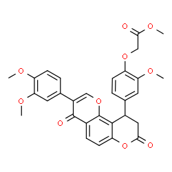 ChemSpider 2D Image | Methyl {4-[3-(3,4-dimethoxyphenyl)-4,8-dioxo-9,10-dihydro-4H,8H-pyrano[2,3-f]chromen-10-yl]-2-methoxyphenoxy}acetate | C30H26O10