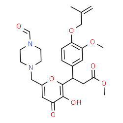 ChemSpider 2D Image | Methyl 3-{6-[(4-formyl-1-piperazinyl)methyl]-3-hydroxy-4-oxo-4H-pyran-2-yl}-3-{3-methoxy-4-[(2-methyl-2-propen-1-yl)oxy]phenyl}propanoate | C26H32N2O8