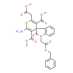 ChemSpider 2D Image | Dimethyl (3S)-2'-amino-1-[2-(benzyloxy)-2-oxoethyl]-6'-(2-methoxy-2-oxoethyl)-2-oxo-1,2-dihydrospiro[indole-3,4'-pyran]-3',5'-dicarboxylate | C28H26N2O10