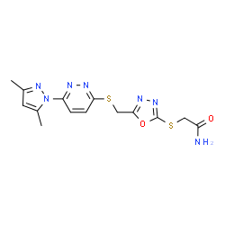 ChemSpider 2D Image | 2-{[5-({[6-(3,5-Dimethyl-1H-pyrazol-1-yl)-3-pyridazinyl]sulfanyl}methyl)-1,3,4-oxadiazol-2-yl]sulfanyl}acetamide | C14H15N7O2S2