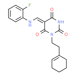 ChemSpider 2D Image | (5Z)-1-[2-(1-Cyclohexen-1-yl)ethyl]-5-{[(2-fluorophenyl)amino]methylene}-2,4,6(1H,3H,5H)-pyrimidinetrione | C19H20FN3O3