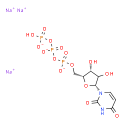 ChemSpider 2D Image | Trisodium 1-{(2xi)-5-O-[({[(hydroxyphosphinato)oxy]phosphinato}oxy)phosphinato]-beta-D-threo-pentofuranosyl}-2,4(1H,3H)-pyrimidinedione | C9H12N2Na3O15P3