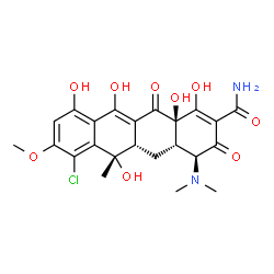 ChemSpider 2D Image | (4S,4aS,5aS,6S,12aR)-7-Chloro-4-(dimethylamino)-1,6,10,11,12a-pentahydroxy-8-methoxy-6-methyl-3,12-dioxo-3,4,4a,5,5a,6,12,12a-octahydro-2-tetracenecarboxamide | C23H25ClN2O9