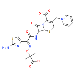 ChemSpider 2D Image | (6R)-7-{[(2E)-2-(2-Amino-1,3-thiazol-4-yl)-2-{[(2-carboxy-2-propanyl)oxy]imino}acetyl]amino}-8-oxo-3-(1-pyridiniumylmethyl)-5-thia-1-azabicyclo[4.2.0]oct-2-ene-2-carboxylate | C22H22N6O7S2