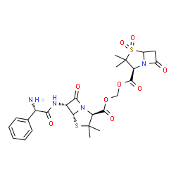 ChemSpider 2D Image | ({[(2S,5R,6R)-6-{[(2S)-2-Amino-2-phenylacetyl]amino}-3,3-dimethyl-7-oxo-4-thia-1-azabicyclo[3.2.0]hept-2-yl]carbonyl}oxy)methyl (2S)-3,3-dimethyl-7-oxo-4-thia-1-azabicyclo[3.2.0]heptane-2-carboxylate 
4,4-dioxide | C25H30N4O9S2