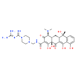 ChemSpider 2D Image | (4S,4aS,5aS,6S,12aR)-N-({4-[N-(Diaminomethylene)carbamimidoyl]-1-piperazinyl}methyl)-4-(dimethylamino)-1,6,10,11,12a-pentahydroxy-6-methyl-3,12-dioxo-3,4,4a,5,5a,6,12,12a-octahydro-2-tetracenecarboxam
ide | C29H38N8O8