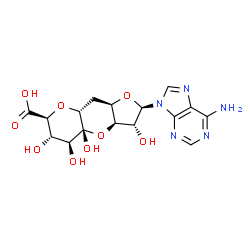 ChemSpider 2D Image | (2R,3R,3aR,4aR,5S,6S,7S,8aR,9aR)-2-(6-Amino-9H-purin-9-yl)-3,4a,5,6-tetrahydroxydecahydrofuro[3,2-b]pyrano[2,3-e]pyran-7-carboxylic acid | C16H19N5O9