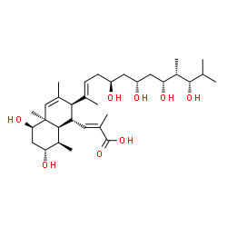 ChemSpider 2D Image | (2E)-3-{(1R,2R,4aR,5R,7R,8R,8aS)-5,7-Dihydroxy-3,4a,8-trimethyl-2-[(2E,5S,7R,9R,10S,11S)-5,7,9,11-tetrahydroxy-10,12-dimethyl-2-tridecen-2-yl]-1,2,4a,5,6,7,8,8a-octahydro-1-naphthalenyl}-2-methylacryl
ic acid | C32H54O8