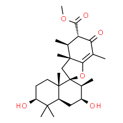 ChemSpider 2D Image | Methyl (2S,2'S,3'S,3aR,4S,4a'S,5S,6'S,8a'S)-3',6'-dihydroxy-2',3a,4,5',5',7,8a'-heptamethyl-6-oxo-3',3a,4,4',4a',5,5',6,6',7',8',8a'-dodecahydro-2'H,3H-spiro[1-benzofuran-2,1'-naphthalene]-5-carboxyla
te | C26H40O6