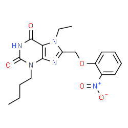 ChemSpider 2D Image | 3-Butyl-7-ethyl-8-[(2-nitrophenoxy)methyl]-3,7-dihydro-1H-purine-2,6-dione | C18H21N5O5