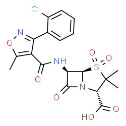 ChemSpider 2D Image | (2S,5R,6R)-6-({[3-(2-Chlorophenyl)-5-methyl-1,2-oxazol-4-yl]carbonyl}amino)-3,3-dimethyl-7-oxo-4-thia-1-azabicyclo[3.2.0]heptane-2-carboxylic acid 4,4-dioxide | C19H18ClN3O7S