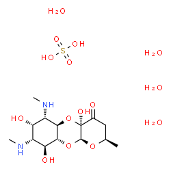 ChemSpider 2D Image | (2R,4aR,5aR,6S,7S,8R,9S,9aR,10aS)-4a,7,9-Trihydroxy-2-methyl-6,8-bis(methylamino)decahydro-4H-pyrano[2,3-b][1,4]benzodioxin-4-one sulfate hydrate (1:1:4) | C14H34N2O15S