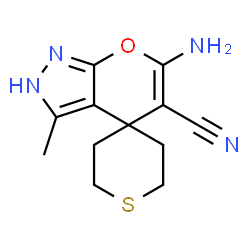 ChemSpider 2D Image | 6-Amino-3-methyl-2',3',5',6'-tetrahydro-2H-spiro[pyrano[2,3-c]pyrazole-4,4'-thiopyran]-5-carbonitrile | C12H14N4OS