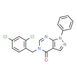 ChemSpider 2D Image | 5-(2,4-Dichlorobenzyl)-1-phenyl-1,5-dihydro-4H-pyrazolo[3,4-d]pyrimidin-4-one | C18H12Cl2N4O