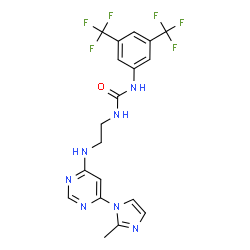 ChemSpider 2D Image | 1-[3,5-Bis(trifluoromethyl)phenyl]-3-(2-{[6-(2-methyl-1H-imidazol-1-yl)-4-pyrimidinyl]amino}ethyl)urea | C19H17F6N7O