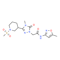 ChemSpider 2D Image | 2-{4-Methyl-3-[1-(methylsulfonyl)-3-piperidinyl]-5-oxo-4,5-dihydro-1H-1,2,4-triazol-1-yl}-N-(5-methyl-1,2-oxazol-3-yl)acetamide | C15H22N6O5S