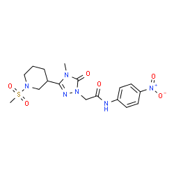 ChemSpider 2D Image | 2-{4-Methyl-3-[1-(methylsulfonyl)-3-piperidinyl]-5-oxo-4,5-dihydro-1H-1,2,4-triazol-1-yl}-N-(4-nitrophenyl)acetamide | C17H22N6O6S