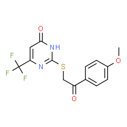 ChemSpider 2D Image | 2-{[2-(4-Methoxyphenyl)-2-oxoethyl]sulfanyl}-6-(trifluoromethyl)-4(1H)-pyrimidinone | C14H11F3N2O3S