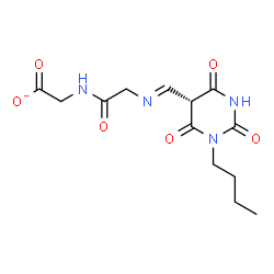 ChemSpider 2D Image | {[(E)-N-{[(5R)-1-Butyl-2,4,6-trioxohexahydro-5-pyrimidinyl]methylene}glycyl]amino}acetate | C13H17N4O6