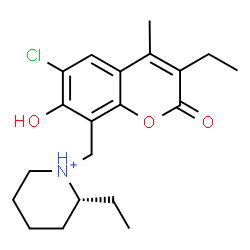 ChemSpider 2D Image | (2R)-1-[(6-Chloro-3-ethyl-7-hydroxy-4-methyl-2-oxo-2H-chromen-8-yl)methyl]-2-ethylpiperidinium | C20H27ClNO3