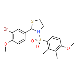 ChemSpider 2D Image | 2-(3-Bromo-4-methoxyphenyl)-3-[(4-methoxy-2,3-dimethylphenyl)sulfonyl]-1,3-thiazolidine | C19H22BrNO4S2