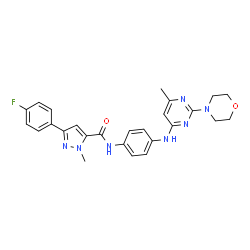ChemSpider 2D Image | 3-(4-Fluorophenyl)-1-methyl-N-(4-{[6-methyl-2-(4-morpholinyl)-4-pyrimidinyl]amino}phenyl)-1H-pyrazole-5-carboxamide | C26H26FN7O2