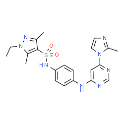 ChemSpider 2D Image | 1-Ethyl-3,5-dimethyl-N-(4-{[6-(2-methyl-1H-imidazol-1-yl)-4-pyrimidinyl]amino}phenyl)-1H-pyrazole-4-sulfonamide | C21H24N8O2S