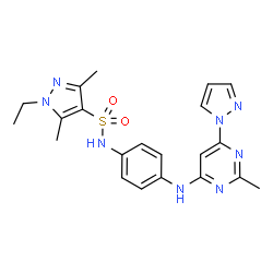 ChemSpider 2D Image | 1-Ethyl-3,5-dimethyl-N-(4-{[2-methyl-6-(1H-pyrazol-1-yl)-4-pyrimidinyl]amino}phenyl)-1H-pyrazole-4-sulfonamide | C21H24N8O2S