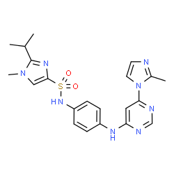 ChemSpider 2D Image | 2-Isopropyl-1-methyl-N-(4-{[6-(2-methyl-1H-imidazol-1-yl)-4-pyrimidinyl]amino}phenyl)-1H-imidazole-4-sulfonamide | C21H24N8O2S