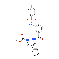 ChemSpider 2D Image | Methyl ({2-[(3-{[(4-fluorophenyl)sulfonyl]amino}benzoyl)amino]-5,6-dihydro-4H-cyclopenta[b]thiophen-3-yl}carbonyl)carbamate | C23H20FN3O6S2