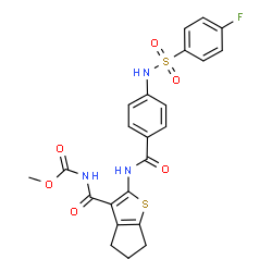 ChemSpider 2D Image | Methyl ({2-[(4-{[(4-fluorophenyl)sulfonyl]amino}benzoyl)amino]-5,6-dihydro-4H-cyclopenta[b]thiophen-3-yl}carbonyl)carbamate | C23H20FN3O6S2