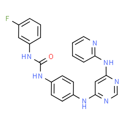 ChemSpider 2D Image | 1-(3-Fluorophenyl)-3-(4-{[6-(2-pyridinylamino)-4-pyrimidinyl]amino}phenyl)urea | C22H18FN7O