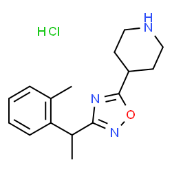 ChemSpider 2D Image | 4-{3-[1-(2-Methylphenyl)ethyl]-1,2,4-oxadiazol-5-yl}piperidine hydrochloride (1:1) | C16H22ClN3O
