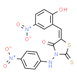 ChemSpider 2D Image | (5E)-5-(2-Hydroxy-5-nitrobenzylidene)-3-[(4-nitrophenyl)amino]-2-thioxo-1,3-thiazolidin-4-one | C16H10N4O6S2