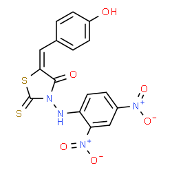 ChemSpider 2D Image | (5E)-3-[(2,4-Dinitrophenyl)amino]-5-(4-hydroxybenzylidene)-2-thioxo-1,3-thiazolidin-4-one | C16H10N4O6S2