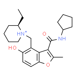 ChemSpider 2D Image | (2R)-1-{[3-(Cyclopentylcarbamoyl)-5-hydroxy-2-methyl-1-benzofuran-4-yl]methyl}-2-ethylpiperidinium | C23H33N2O3
