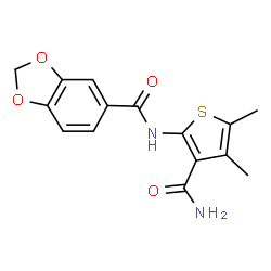 ChemSpider 2D Image | N-(3-Carbamoyl-4,5-dimethyl-2-thienyl)-1,3-benzodioxole-5-carboxamide | C15H14N2O4S