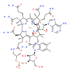 ChemSpider 2D Image | cobaltic;(2R,3R,4S,5R)-2-(6-aminopurin-9-yl)-5-methanidyl-tetrahydrofuran-3,4-diol;[(2R,3S,4R,5S)-5-(5,6-dimethylbenzimidazol-1-yl)-4-hydroxy-2-(hydroxymethyl)tetrahydrofuran-3-yl] [(1S)-1-methyl-2-[3-[(1R,2R,3S,4Z,7S,9Z,12S,13S,14Z,17S,18S,19R)-2,13,18-tris(2-amino-2-oxo-ethyl)-7,12,17-tris(3-amino-3-oxo-propyl)-3,5,8,8,13,15,18,19-octamethyl-2,7,12,17-tetrahydro-1H-corrin-21-id-3-yl]propanoylamino]ethyl] phosphate | C72H100CoN18O17P