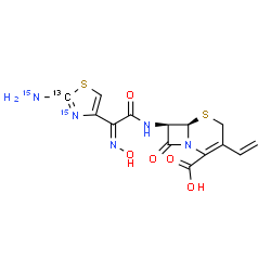 ChemSpider 2D Image | (6R,7R)-7-{[(2Z)-2-[2-(~15~N)Amino(2-~13~C,~15~N)-1,3-thiazol-4-yl]-2-(hydroxyimino)acetyl]amino}-8-oxo-3-vinyl-5-thia-1-azabicyclo[4.2.0]oct-2-ene-2-carboxylic acid | C1313CH13N315N2O5S2